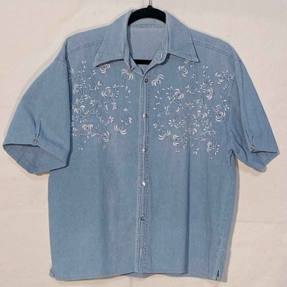 VINTAGE Denim Short Sleeve Button Up Top With Embroidery across chest L